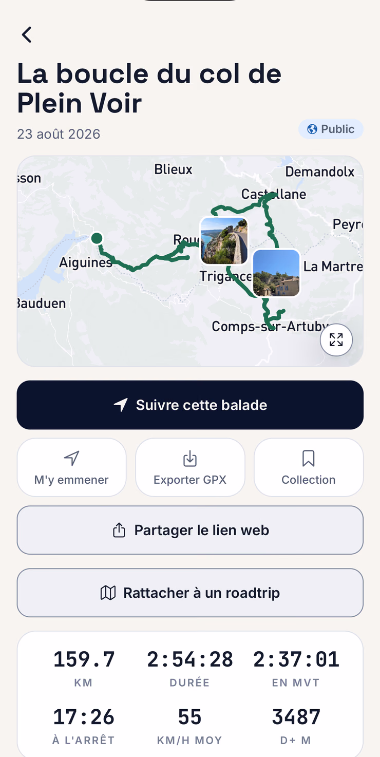 La fiche d'une balade dans YumeRide : le tracé sur la carte du Verdon, deux photos placées à l'endroit où elles ont été prises, boutons Suivre et Exporter GPX