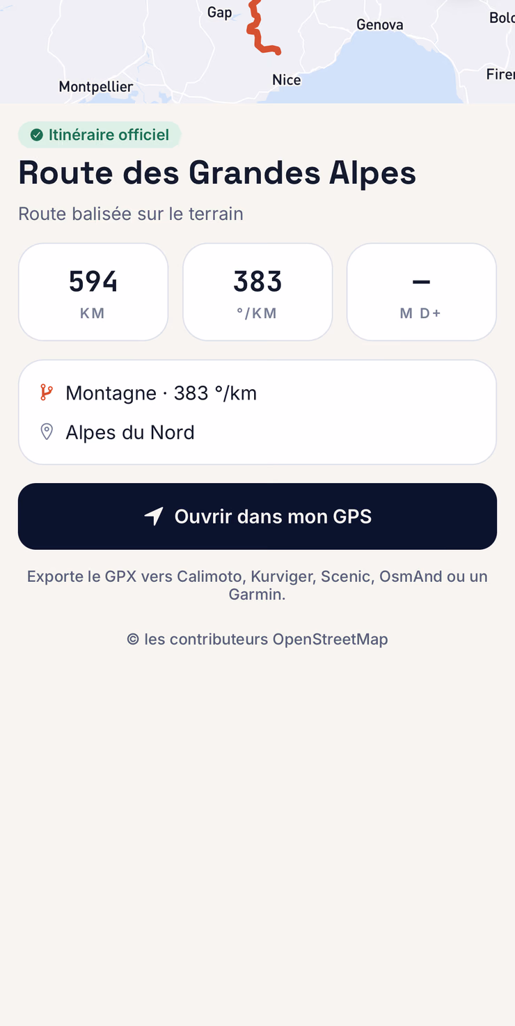 La fiche de la Route des Grandes Alpes dans YumeRide : badge itinéraire officiel, 594 km, bouton Ouvrir dans mon GPS, export GPX vers Calimoto, Kurviger, Scenic, OsmAnd ou Garmin