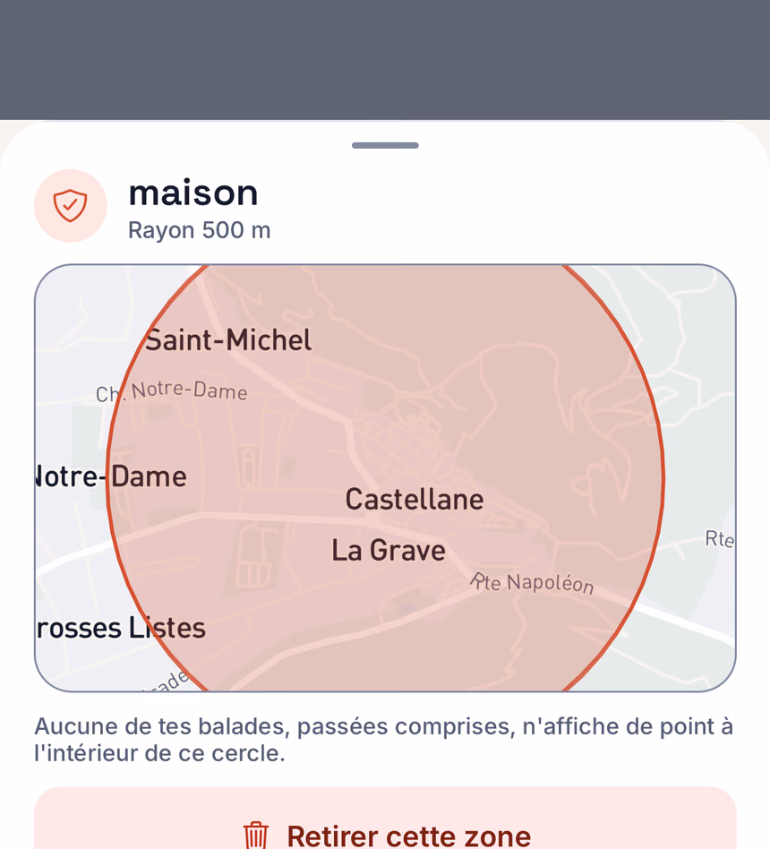 La même zone vue sur la carte : un cercle rouge de 500 mètres sur Castellane — aucune balade, passée comprise, n'affiche de point à l'intérieur