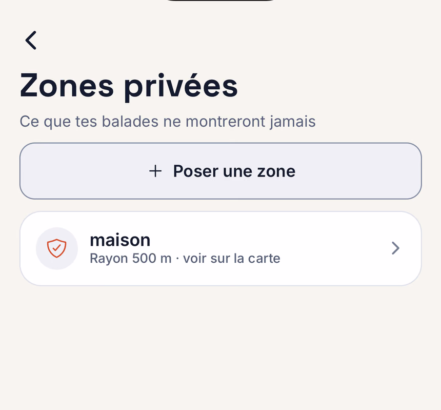 L'écran Zones privées de YumeRide : une zone « maison » de 500 mètres de rayon